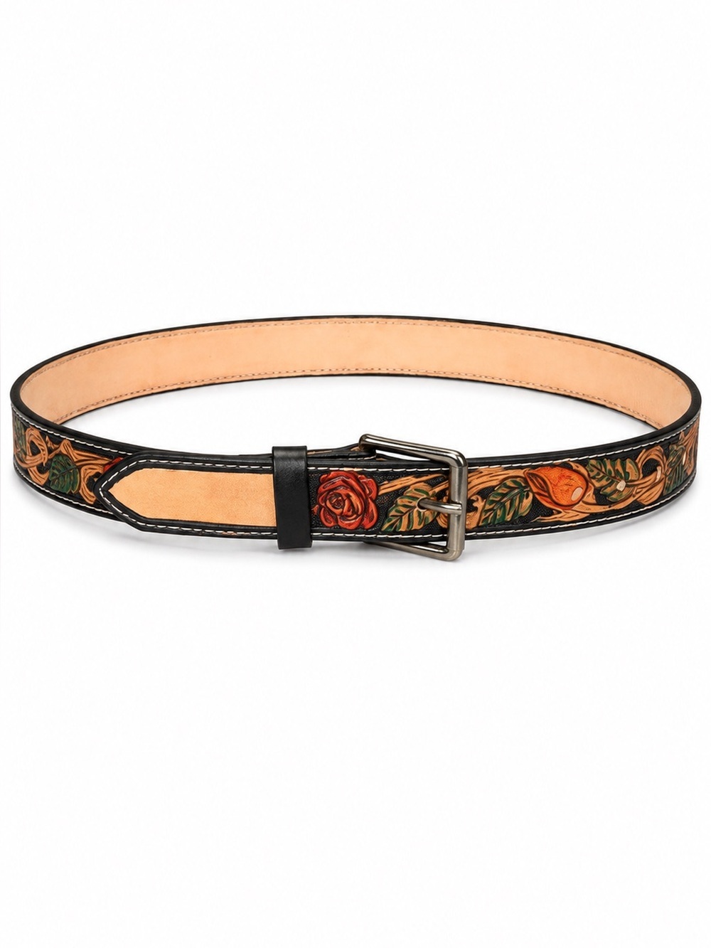 Tooled Leather Floral Belt - Black Tan handmade roses